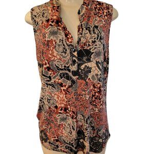 Claudia Richard Sleeveless Black/Brown/Red/Beige Print V Neck Blouse